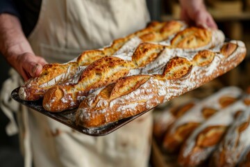 Baker holding freshly baked bread in a cozy bakery