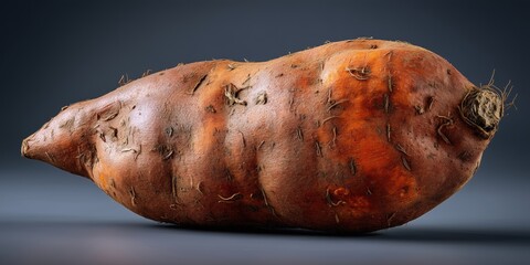 A single, earthy sweet potato rests on a dark surface, highlighting its rustic texture and simplicity. The image conveys natural beauty, wholesomeness, and harvest charm.
