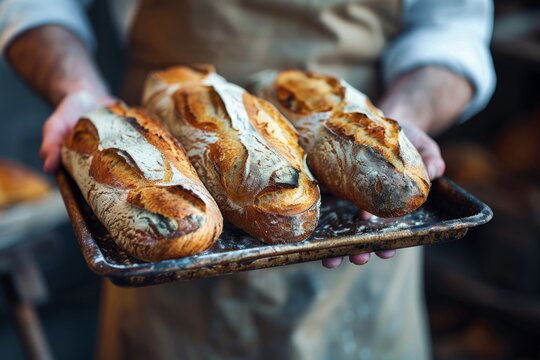 Adult man holding freshly baked bread loaves in a bakery