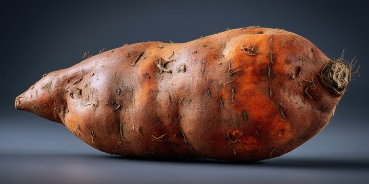 A single, earthy sweet potato rests on a dark surface, highlighting its rustic texture and simplicity. The image conveys natural beauty, wholesomeness, and harvest charm.