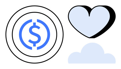 Dollar sign within a coin, light blue heart, and cloud design. Ideal for finance, technology, love, security, innovation connection modern solutions. Simple flat metaphor