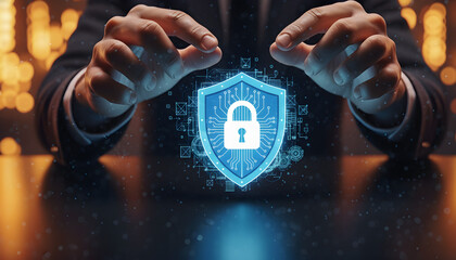 Tangan Yang Memegang Perisai Digital Sebagai Konsep Keamanan Siber