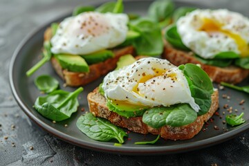 Delicious poached eggs on avocado toast with spinach