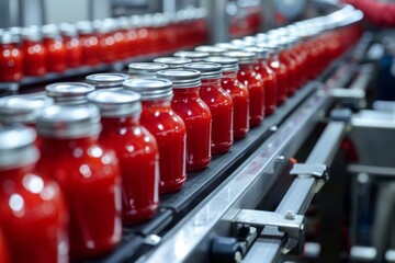 Fototapeta premium Rows of glass jars filled with red sauce in a factory