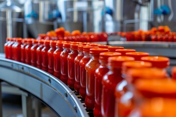 Bottles of tomato sauce on a production line in a factory