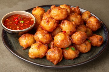 Fototapeta premium Delicious golden fried snacks served with spicy dipping sauce