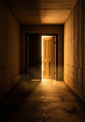 Obraz premium Mysterious wooden door opening into bright light at end of dark concrete hallway