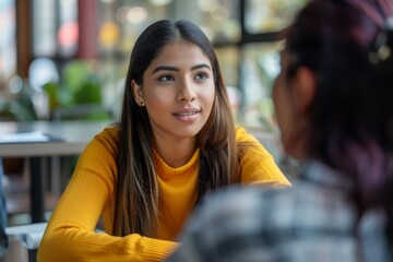 Young woman listening attentively during a conversation in a cafe