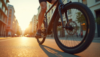 Cyclist rides e-bike down city street towards sun. Person pedals electric bicycle in urban area. Modern transport at sunset. Sustainable commuting concept in town.