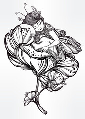 Intricate black and white line art illustration of a sleeping fairy nestled within a large, detailed flower.