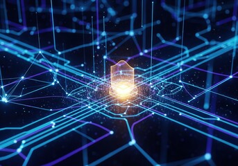 Obraz premium Abstract glowing digital network connections with central data hub symbolizing futuristic technology and cybersecurity