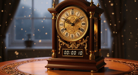 Ornate vintage wooden clock with a digital ten-second countdown, set on a polished table in a warm, softly lit room, evoking anticipation of passing moments