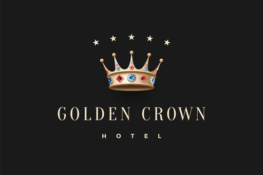 Elegant logo for the Golden Crown Hotel featuring a jeweled crown and five stars on a black background.