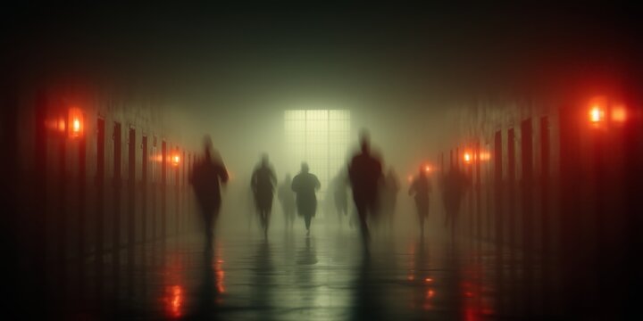 Shadowy figures walk through a foggy tunnel, bathed in eerie red light, tension, horror, and cinematic atmosphere, motion, and haunting ambiguity. Jail escape concept - Powered by Adobe