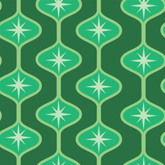 Mid Century Retro atomic starbursts on geometric jade green ogee oval shapes seamless pattern over emerald green background.