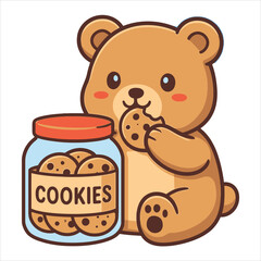 Charming cartoon bear savoring a delightful cookie next to a bountiful cookie jar, expertly crafted as a playful flat vector logo illustration, ideal for children's products and confectionery themes