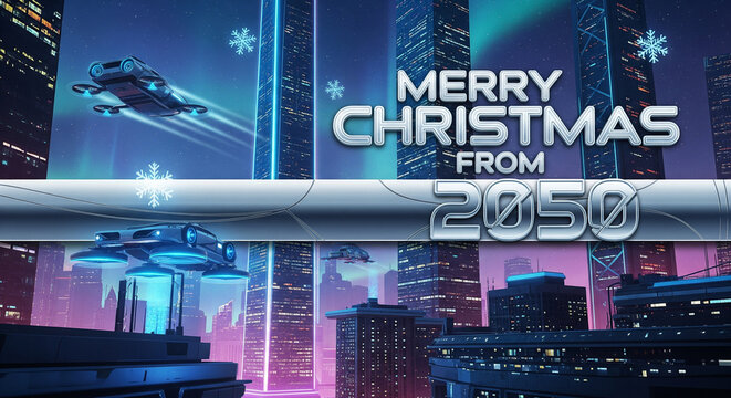 Merry Christmas from the Year 2050 A Futuristic Holiday Celebration in a Cyberpunk Cityscape