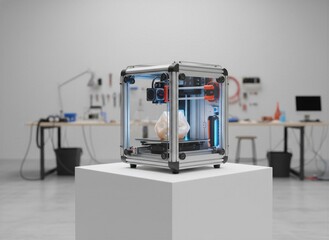 Modern 3D printer actively producing a light-colored abstract object, featuring internal blue and orange LED lighting, displayed on a white pedestal in a contemporary workshop studio.