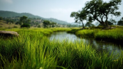 Lush green meadow landscape with a tranquil stream under a hazy sky