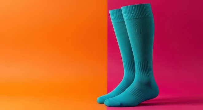 Bright teal socks against vibrant orange and pink background