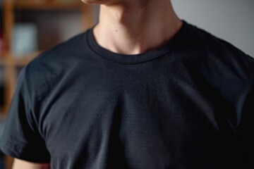 Young adult man wearing a black t-shirt in a relaxed setting