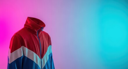 Colorful retro track jacket on gradient background with neon lighting