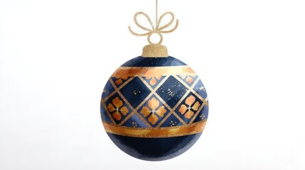 Christmas bauble hanging elegant blue gold pattern on white background