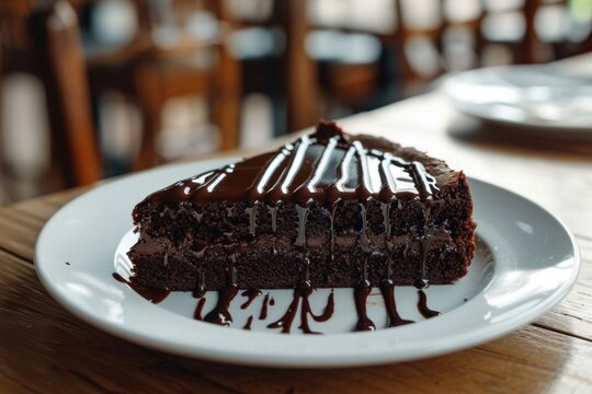 Delicious chocolate cake slice on a white plate