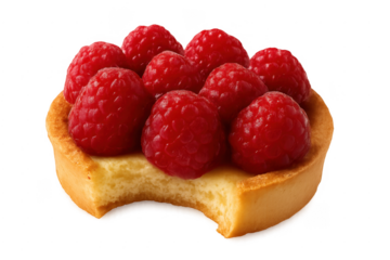 Raspberry tart dessert with a missing bite and transparent background