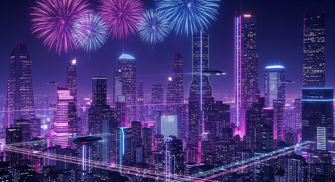 A dazzling display of fireworks illuminates a futuristic metropolis with glowing neon skyscrapers and advanced aerial transportation at night