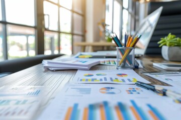 Office workspace with charts and graphs on table
