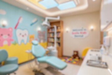 blurred background of a modern dental clinic featuring comfortable examination chairs for children with a room filled with colors and animal pictures