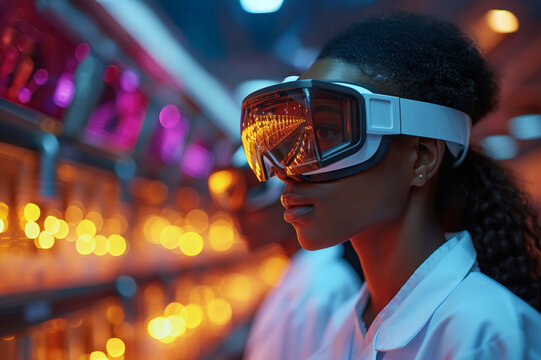 Focused young woman futuristic lab, wearing VR glasses safety goggles interacts high-tech interface modern laboratory environment.