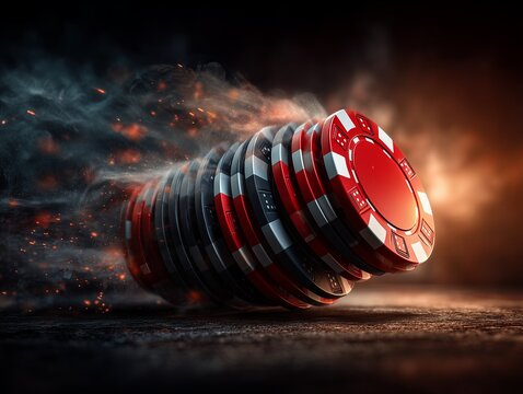 Poker chips spin dramatically through the air, surrounded by smoke and sparks. The image conveys action, luck, and high-stakes excitement.