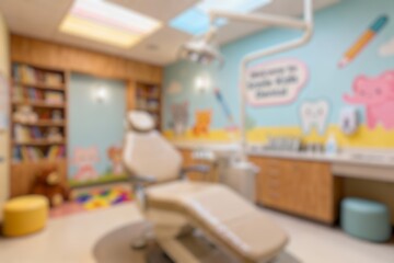 blurred background of a modern dental clinic featuring comfortable examination chairs for children with a colourful room  with animal pictures