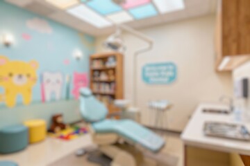 blurred background of a modern dental clinic featuring comfortable examination chairs for children with a room filled with colorful animal pictures