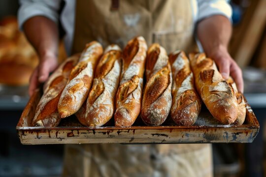 Adult baker holding a tray of freshly baked bread with pride