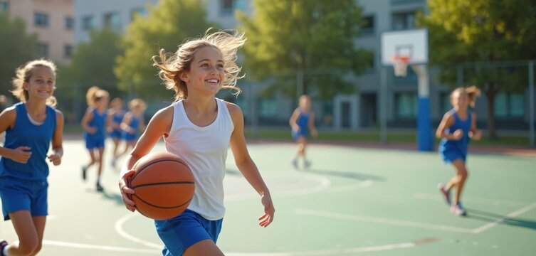 Young blonde girl plays basketball, dribbling ball on outdoor court. Smiles, looks happy. Girls in blue uniform run in background during team game practice at high school. Youth sport activity,