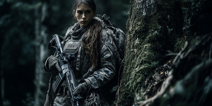 A woman, female soldier in full tactical gear stands alert in a dense forest, rifle ready, embodying vigilance and survival. The image captures intensity, realism, and military focus.