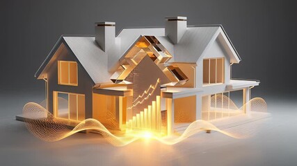 Mortgage and Real Estate Investment concept featuring a futuristic 3D house model with a glowing upward arrow and financial graph, symbolizing property value appreciation and market growth. - Powered by Adobe