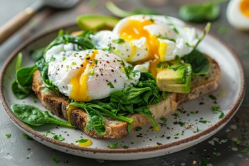 Delicious poached eggs on spinach toast with avocado