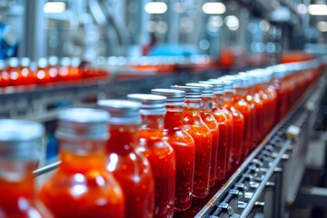 Bottles of red sauce on a production line in a factory