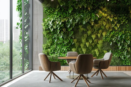 Modern office space with green wall and stylish furniture