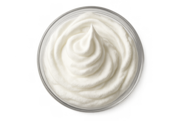Whipped cream in a glass bowl, featuring a creamy swirl and a delightful peak, ready for sweet dishes. Transparent background