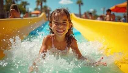 Happy girl swims on water slide in aqua park. Kid enjoys summer vacation at swimming pool. Child splash water, smile, have fun. Holiday recreation for family.