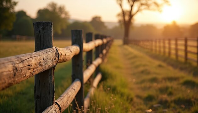 Rural scene with wooden fence. Golden hour landscape. Sunlight illuminates rustic corral in countryside. Nature background. Agriculture land. Scenic farm at sunset. Beautiful idyllic nature.