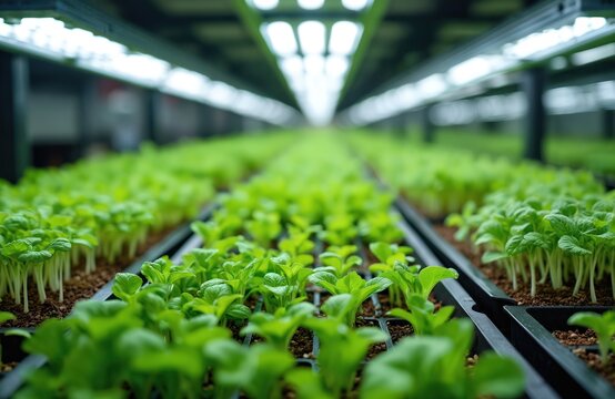 Indoor vertical farm rows with bright phytolamps above. Young green sprouts grow in trays. Small eco business cultivates fresh produce with modern tech.