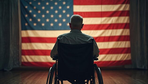 Elderly man in wheelchair faces American flag. He represents resilience, hope, and patriotism. He served his country with courage and strength. His sacrifice is honored.