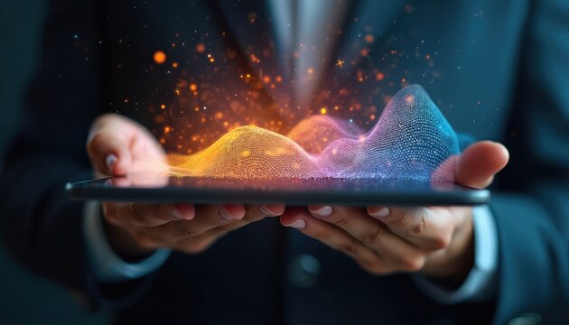 Person holds tablet with colorful waveform. Digital data analysis on device screen. Tech visualizes financial market data. Business analytics, trading. Investment, fintech, stocks, crypto, data