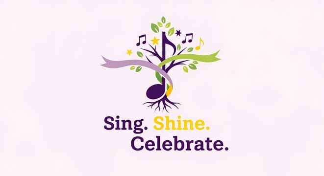 Creative music tree logo with slogan Sing Shine Celebrate. Vector illustration for choir, festival, or church event. Symbol of growth, joy, and community harmony